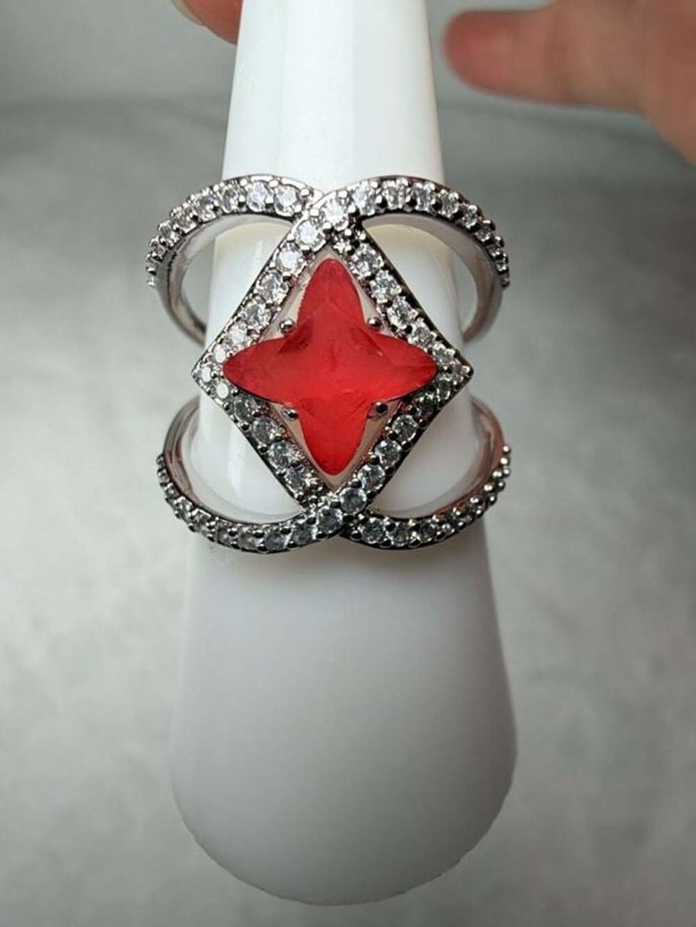 BP Crossroads Ring Size 7 Created Coral Tourmaline Rhodium Quatrafoil